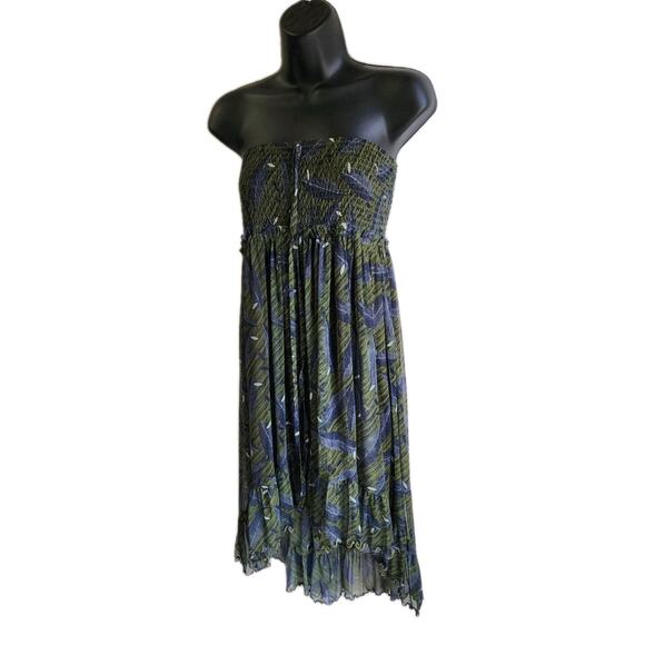 Lapis Women Strapless Sundress L Green Boho Leaf Print High Low Chiffon Festival - Picture 13 of 16
